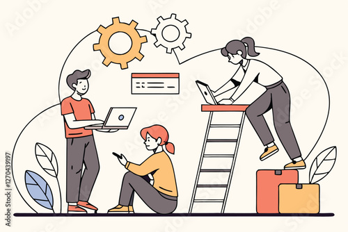 People concept. Set of vector illustration Software development, coding team, programming frontend backend framework, debugging algorithm, testing or deployment concept.