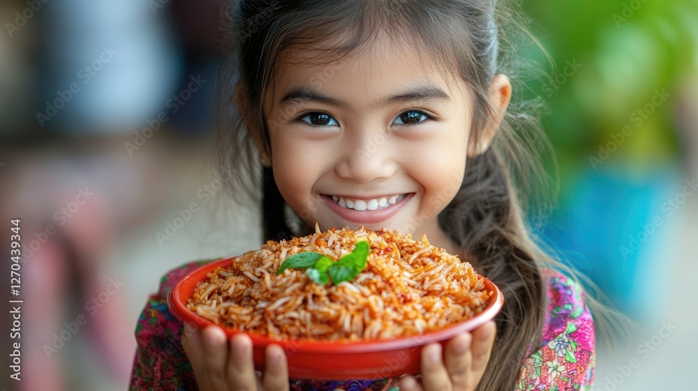 Young girl happily holding a bowl of delicious fried rice Young girl happily holding a bowl of delicious fried rice