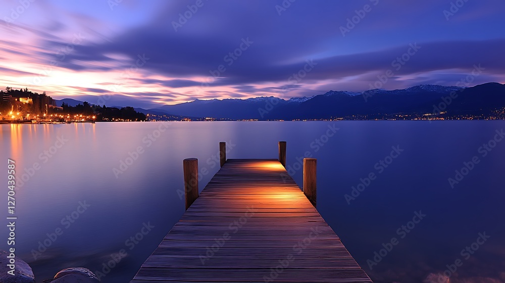 Naklejka premium Serene Sunset Over Lake And Mountains With Dock