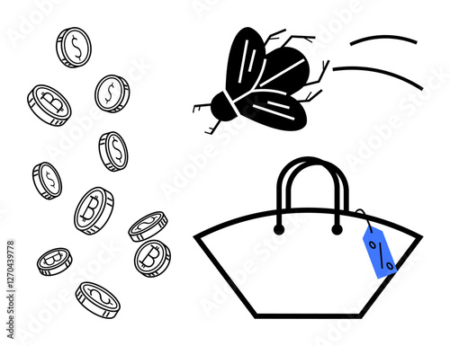 Flying insect near a shopping bag with a price tag and coins falling from above. Ideal for themes thumbs up financial caution, savings, budgeting, expenses, spending habits, consumerism, money