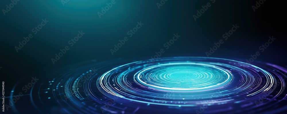 Obraz premium A vibrant digital design featuring concentric circles and glowing elements against a dark background, evoking a futuristic and cosmic feel.