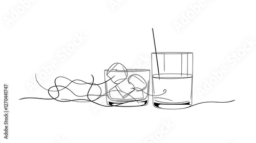 Wallpaper Mural continuous line drawing of bottle and two glasses, one with ice, evokes sense of relaxation and enjoyment Torontodigital.ca