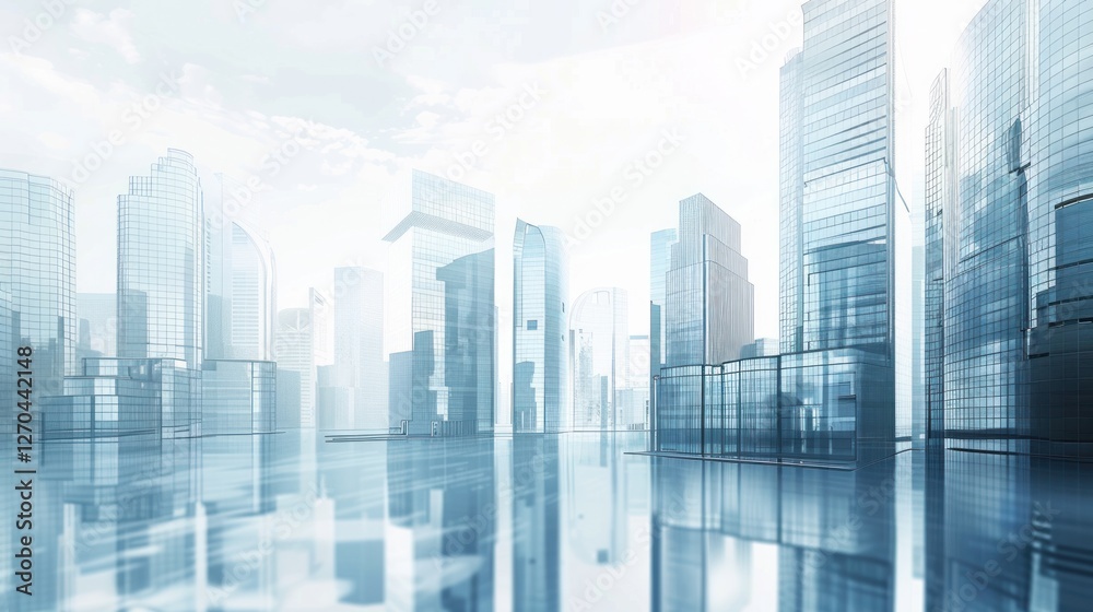 Cityscape reflection, urban development, futuristic buildings, hazy sky, business presentation Cityscape reflection, urban development, futuristic buildings, hazy sky, business presentation
