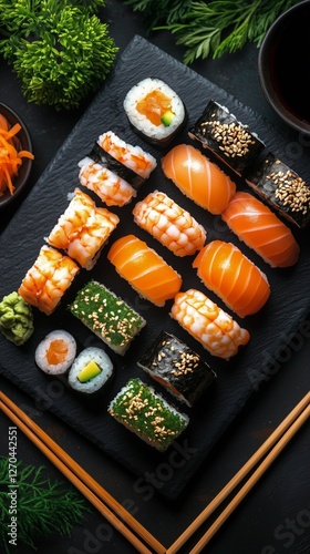 Sushi platter featuring various rolls and sashimi served with chopsticks on a...