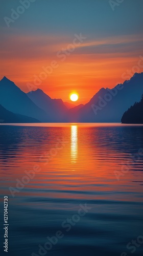 Sunset over mountain lake reflecting vibrant colors at twilight