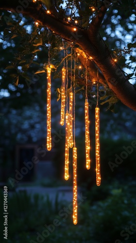 Bright hanging lights illuminate a tree in a garden during twilight