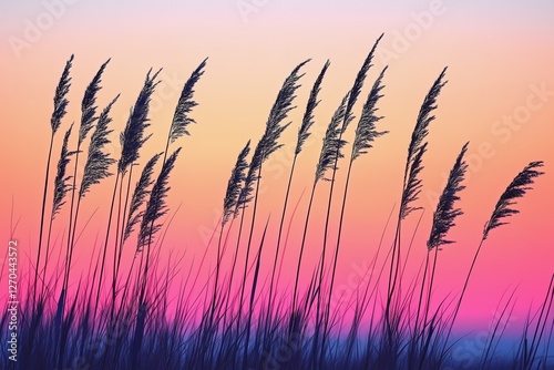Vibrant sunset sky with silhouetted grass in shades of pink and purple near a...