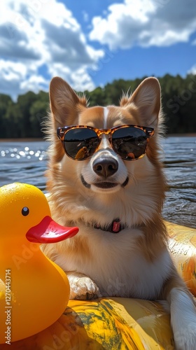 Dog in sunglasses enjoys a sunny day on a float with a rubber duck