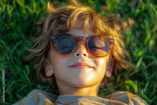 Boy relaxing outdoors wearing sunglasses while lying on grass during golden h...