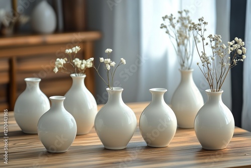 White ceramic vases arranged on a wooden table in a modern interior design se...