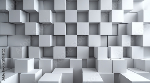 Random shifted white cube boxes block the background wallpaper banner. abstract 3d square white technology communication concept background. Random shifted white cube square boxes block the background