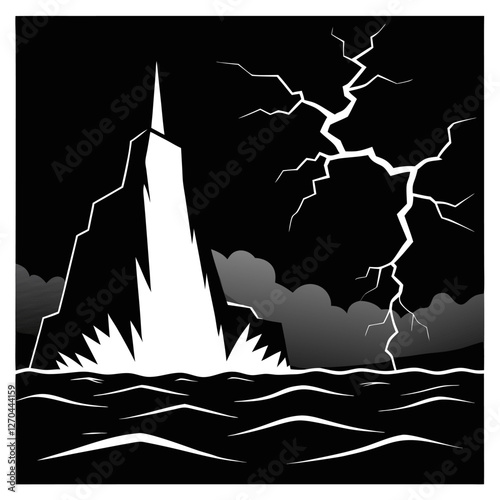 "A violent sea under a pitch-black sky, waves crashing with fierce energy. The jagged cliffs stand tall, barely visible in the mist, as lightning splits the sky in stark contrast." silhouette vector a