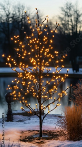 Winter evening in a park with illuminated tree and tranquil water reflections...