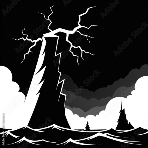 "A violent sea under a pitch-black sky, waves crashing with fierce energy. The jagged cliffs stand tall, barely visible in the mist, as lightning splits the sky in stark contrast." silhouette vector a