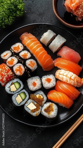 Sushi platter featuring various rolls and sashimi served with chopsticks on a...