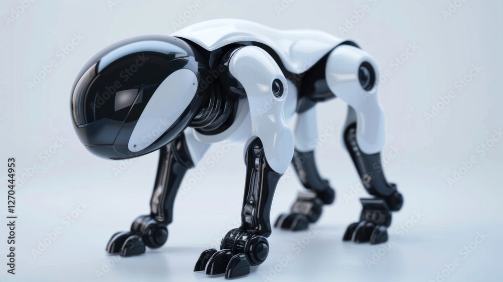 Robotic dog crouching, studio shot, white background, futuristic tech Robotic dog crouching, studio shot, white background, futuristic tech