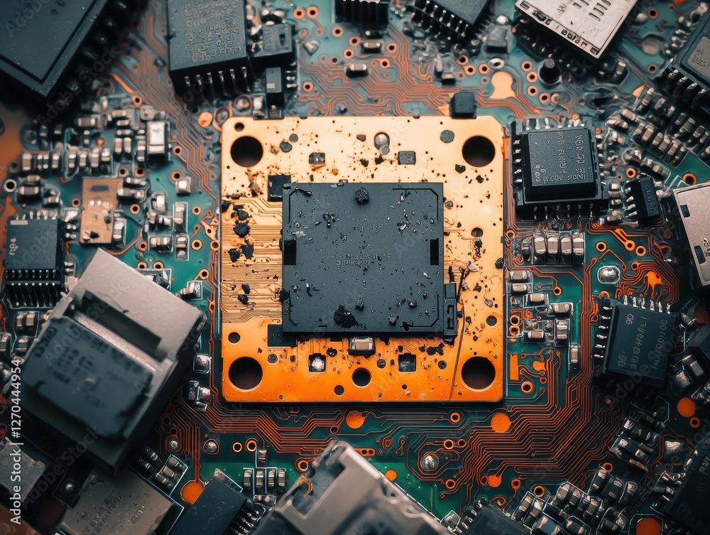 Fototapeta premium A close-up view of a circuit board featuring a central processing unit surrounded by various electronic components.