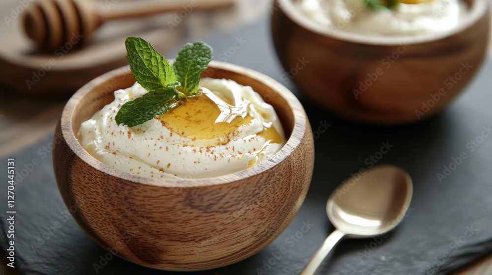 Creamy yogurt served in wooden bowls, topped with honey and mint leaves, creates delightful and fresh dessert experience Creamy yogurt served in wooden bowls, topped with honey and mint leaves, creates delightful and fresh dessert experience