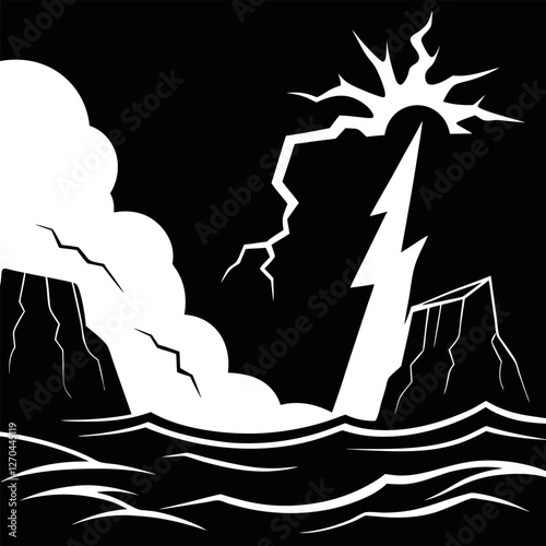 "A violent sea under a pitch-black sky, waves crashing with fierce energy. The jagged cliffs stand tall, barely visible in the mist, as lightning splits the sky in stark contrast." silhouette vector a