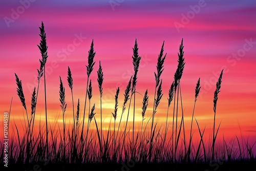 Vibrant sunset sky with silhouetted grass in shades of pink and purple near a...