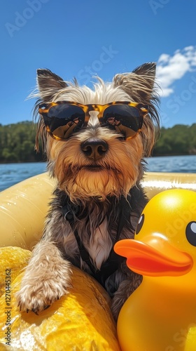 Dog in sunglasses enjoys a sunny day on a float with a rubber duck