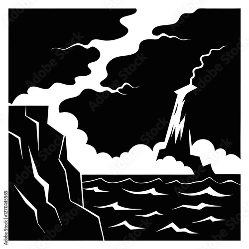 "A violent sea under a pitch-black sky, waves crashing with fierce energy. The jagged cliffs stand tall, barely visible in the mist, as lightning splits the sky in stark contrast." silhouette vector a