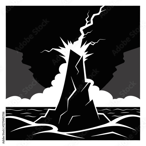 "A violent sea under a pitch-black sky, waves crashing with fierce energy. The jagged cliffs stand tall, barely visible in the mist, as lightning splits the sky in stark contrast." silhouette vector a