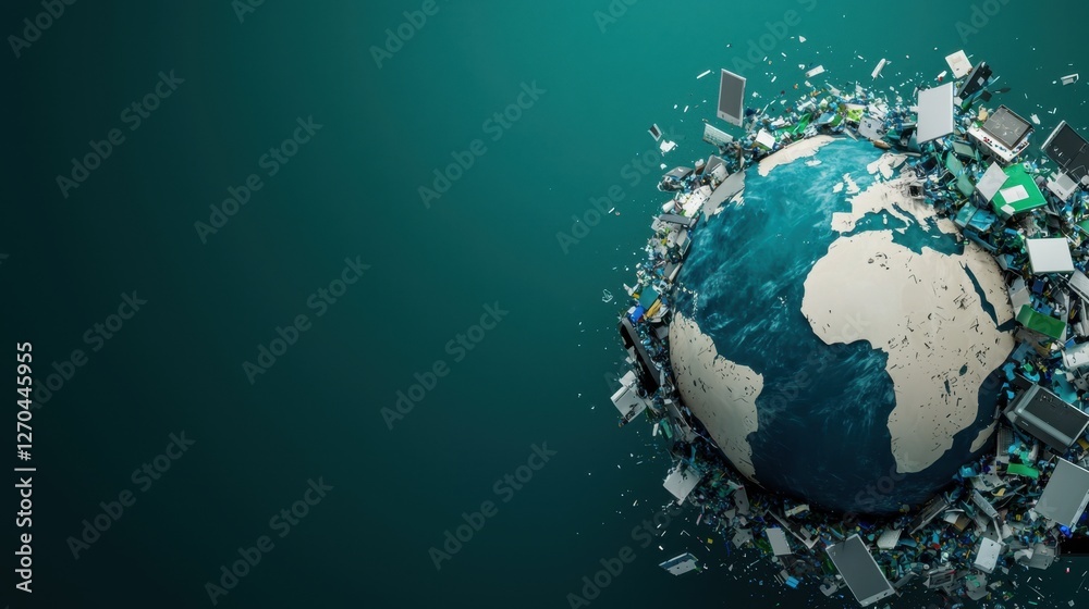 Fototapeta premium A visual representation of Earth surrounded by pollution and waste, emphasizing environmental issues and the impact of human activity on the planet.