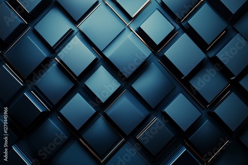 Geometric pattern featuring layered dark blue squares and rectangles on a tex...
