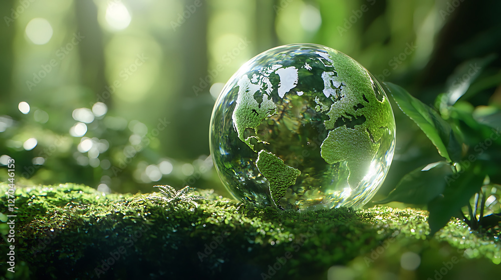 green globe resting on moss in lush forest symbolizes environmental awareness and sustainability green globe resting on moss in lush forest symbolizes environmental awareness and sustainability