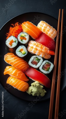 Sushi platter featuring various rolls and sashimi served with chopsticks on a...