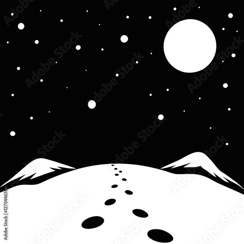 "A vast, snowy tundra under a cold, moonlit night. Footsteps disappear into the distance, with no signs of life around, emphasizing the vast emptiness."