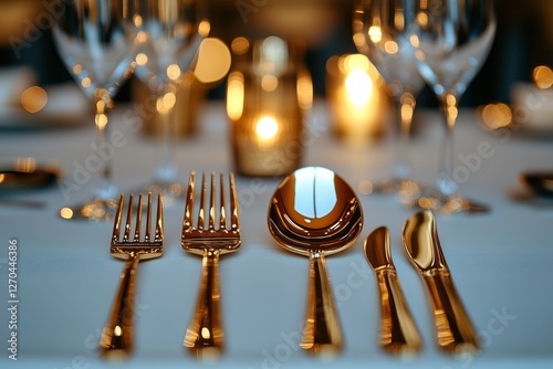 Elegant golden cutlery arranged on a fine dining table in a luxurious restaur...