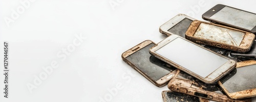 A pile of old, damaged smartphones with cracked screens, showcasing the wear and tear of technology over time.