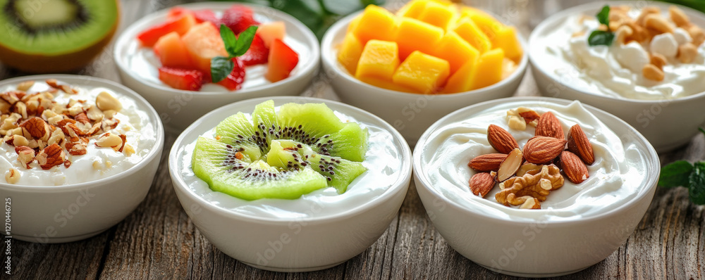 Delicious yogurt bowls with assorted toppings like kiwi, mango, and nuts create vibrant and healthy snack option. Perfect for breakfast or dessert Delicious yogurt bowls with assorted toppings like kiwi, mango, and nuts create vibrant and healthy snack option. Perfect for breakfast or dessert