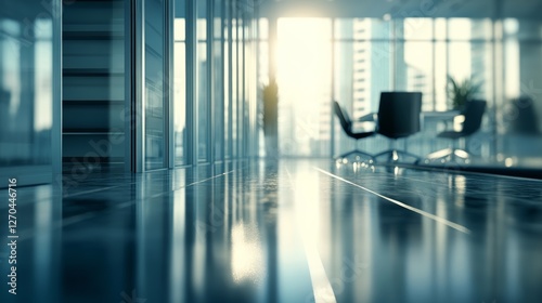 Bright light fills a sleek office space, reflecting on a polished floor. City buildings are visible through large windows, creating an inspiring and professional atmosphere