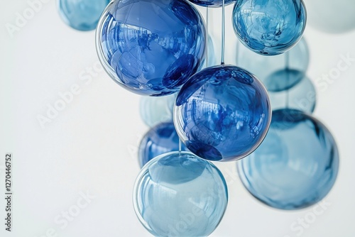 Colorful blue glass spheres hanging in a modern interior design