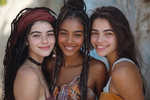 Smiling friends enjoy a sunny afternoon at a tropical location in summer