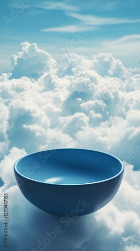 Bright blue bowl floating among fluffy white clouds under a clear blue sky