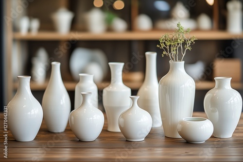 White ceramic vases arranged on a wooden table in a modern interior design se...