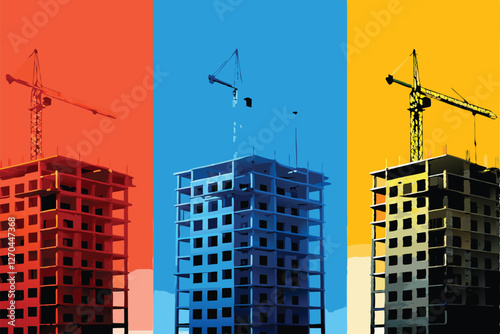 Create a vibrant, abstract color block illustration depicting a sequential progression, emphasizing bold geometric shapes and a dynamic color palette for stage one.