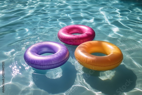 Colorful inflatable rings floating in a tranquil swimming pool on a sunny day
