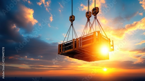 Industrial crane lifting cargo at sunset over cityscape