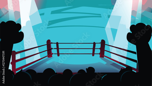 A dimly lit boxing ring, shrouded in deep shadows, intense atmosphere, solitary figure in the ring.