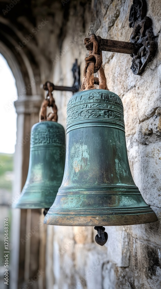 Obraz premium Two old bells hanging on a stone wall