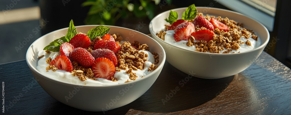 Creamy yogurt bowls topped with fresh strawberries and granola, garnished with mint leaves, create delightful and healthy breakfast option Creamy yogurt bowls topped with fresh strawberries and granola, garnished with mint leaves, create delightful and healthy breakfast option