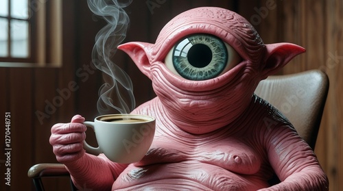 one-eyed creature enjoying a cup of coffee