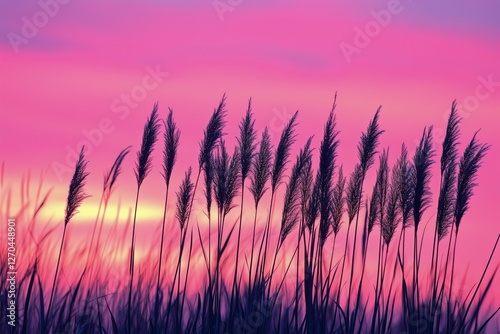 Vibrant sunset sky with silhouetted grass in shades of pink and purple near a...