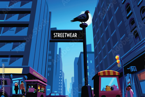 A photorealistic depiction of a busy city street scene where a pigeon, wearing a miniature advertising sign, navigates bustling crowds and traffic.