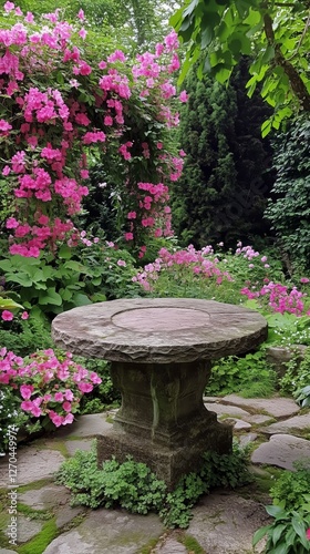 Tranquil garden pathway with stone table surrounded by vibrant pink flowers a...
